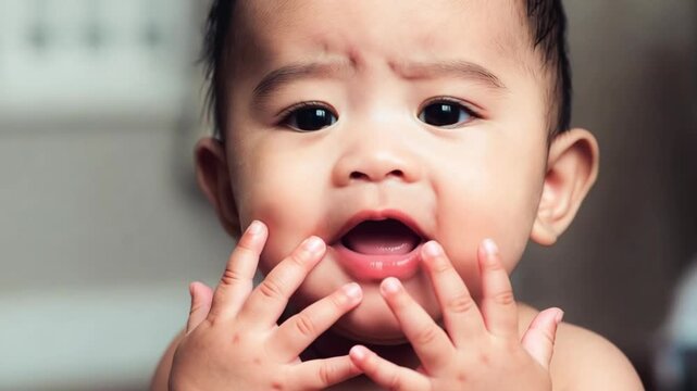Slow motion close up of baby frowning then touching mouth and opening mouth on couch in indoor home nursery setting