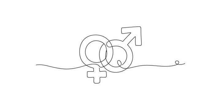Continuous line drawing of male and female gender symbols intertwined in a single flowing line on white background