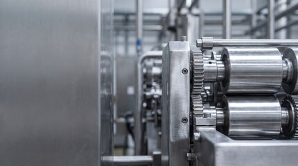 Fototapeta premium Close up view of shiny stainless steel industrial machinery with gears and rollers
