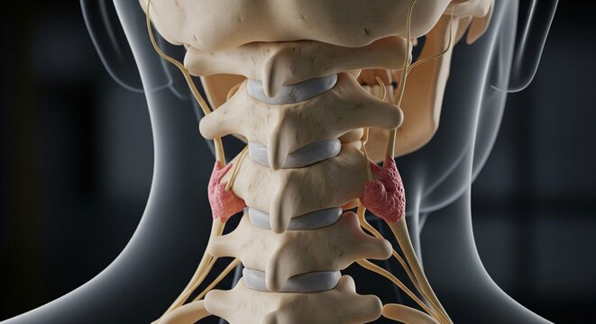 Detailed 3D rendering of human parathyroid glands near cervical vertebrae and nerves