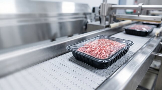 Raw ground meat packaged in black plastic trays on a conveyor belt in a food processing plant