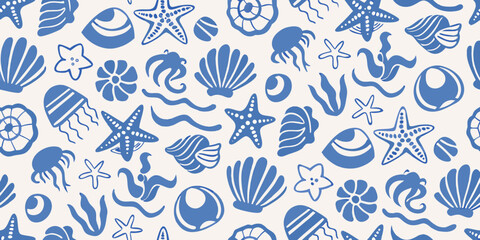 Blue nautical pattern with seashells starfish and jellyfish © AnupKumar