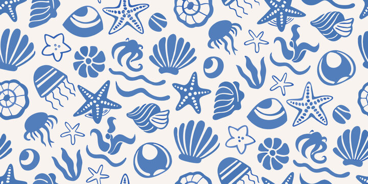 Blue nautical pattern with seashells starfish and jellyfish