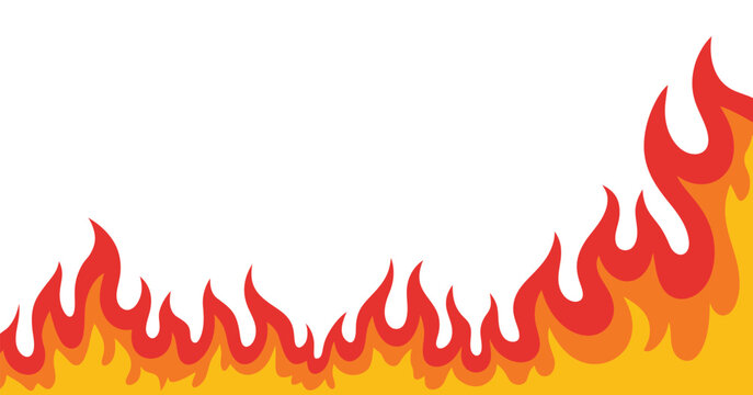 Red and orange cartoon fire flames frame border rising from bottom corner, transparent background danger warning attention grabbing design element clean vector illustration.