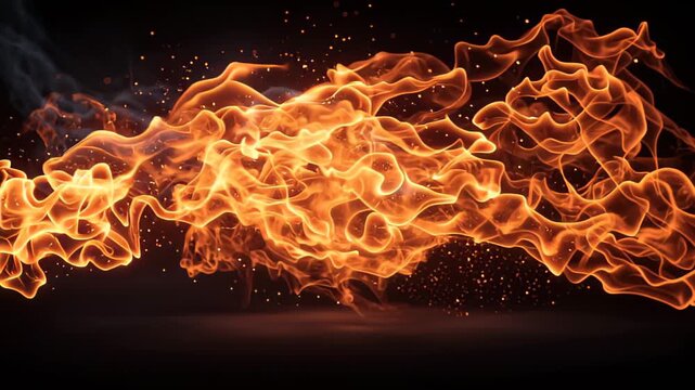 Fire dancing with flames and sparks in a dark space