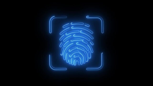Neon fingerprint scan icon with blue glow, biometric security symbol.