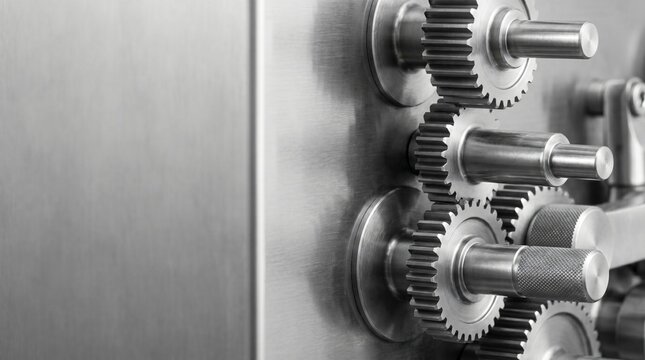 Close up of interlocking metal gears on a brushed metallic surface with shafts and textured knobs