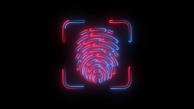 Neon fingerprint scan icon with red and blue glow, biometric security symbol.