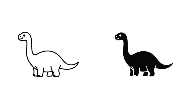 Cute smiling cartoon Brontosaurus dinosaur simple line art and solid black icon design