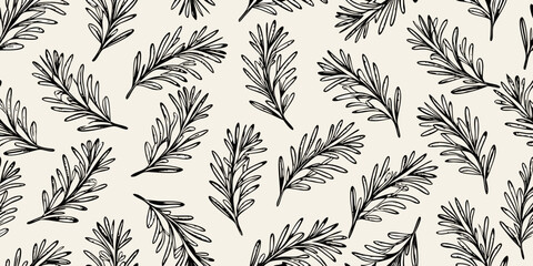 Rosemary sprig pattern hand drawn botanical illustration on beige background © AnupKumar