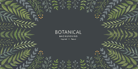 Botanical illustration with fern and leaf elements on dark background © AnupKumar