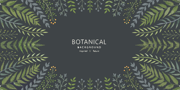 Botanical illustration with fern and leaf elements on dark background
