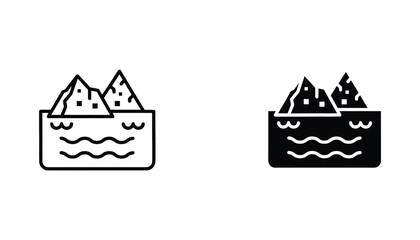 Iceberg in water icon set with outline and solid black silhouette vector graphics for climate change and arctic environmental study user interface design isolated on white background © TARU STOCKPLC