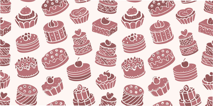 Seamless pattern of desserts cupcakes and cakes minimalist illustration