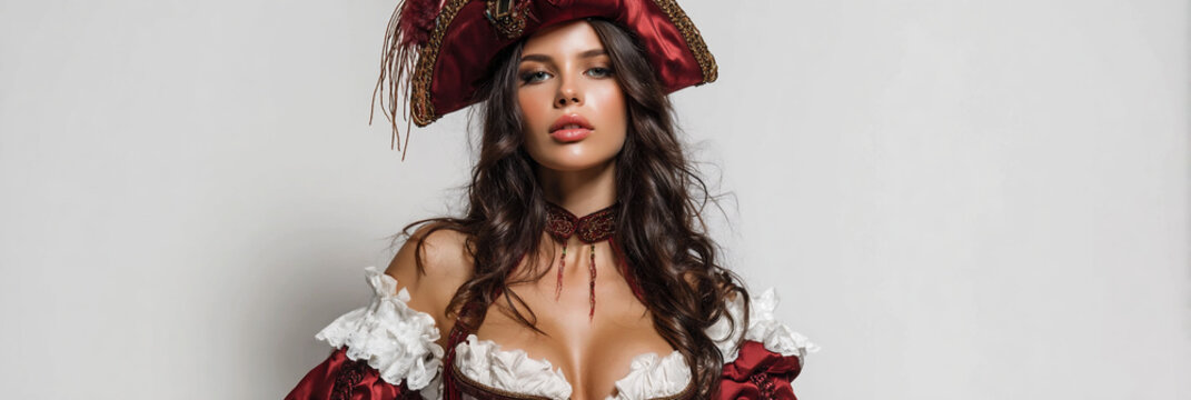 sexy pirate woman in costume isolated on white background, female pirate cosplay model studio portrait on white background, glamorous pirate character woman in halloween costume studio shot