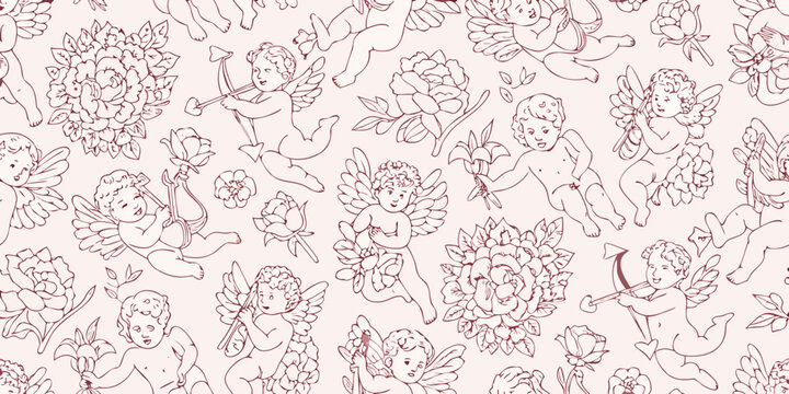 Seamless vector pattern with cherubs and floral ornaments