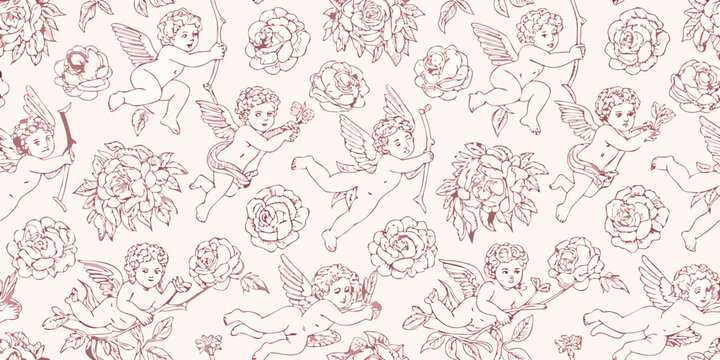 Vintage cherub and rose floral seamless vector pattern sketched style