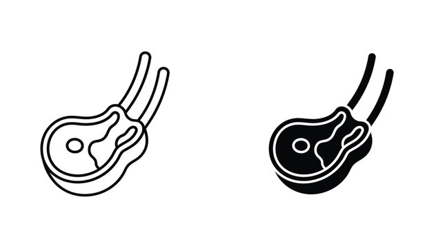 Gourmet lamb chop rack icon set featuring culinary meat cut outline and solid black silhouette for restaurant menus and food industry graphics