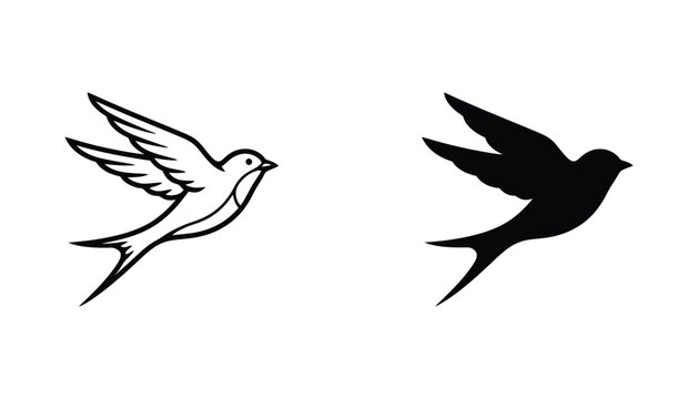 Flying swallow bird icon set in minimalist line art and solid black silhouette for avian wildlife and travel graphic design