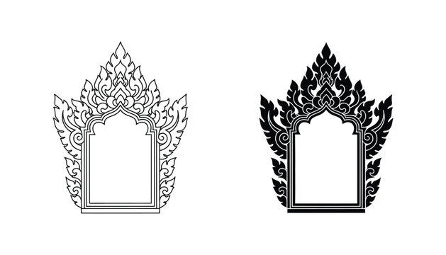 Ornate traditional temple frame border in line art and solid black silhouette for southeast asian cultural and architectural design