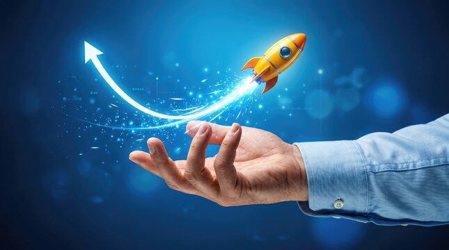 Launching success a hand propels a rocket upward with a bright trail symbolizing growth and achievement