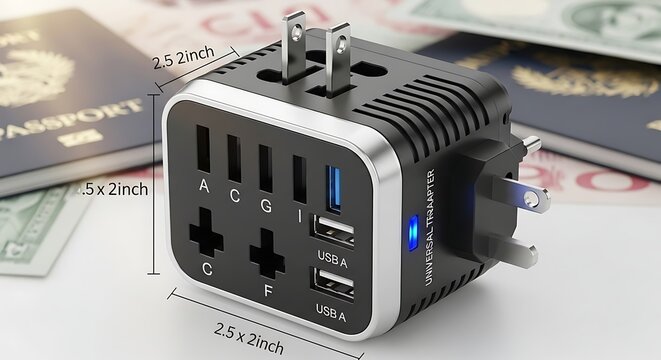 Universal travel adapter with multiple outlets.
