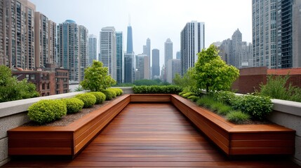 Obraz premium Scenic urban rooftop garden with wooden deck and lush greenery overlooking a vibrant city skyline under a cloudy sky
