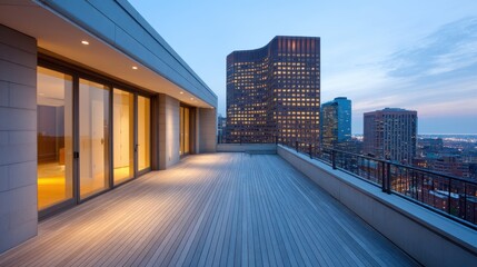 Obraz premium Modern rooftop balcony view of downtown skyline at dusk with city lights illuminating urban landscape and clear sky showcasing contemporary architecture features