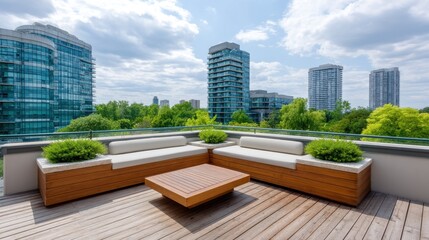Obraz premium Modern Urban Rooftop Terrace with Comfortable Seating, Lush Greenery, and Cityscape View on a Bright Day