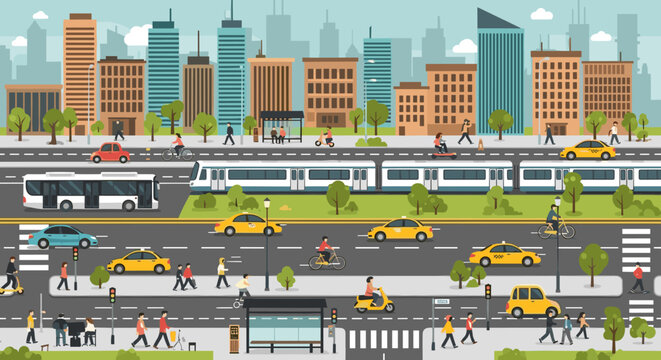 A vibrant cityscape illustration depicting a bustling urban environment with diverse transportation modes and pedestrian activity.