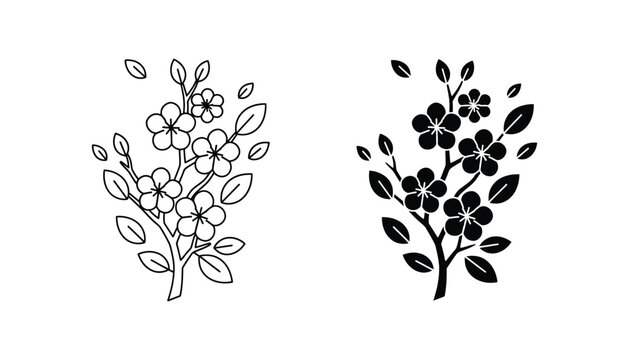 Elegant cherry blossom branch vector icon with delicate flowers and leaves presented in outline and solid black fill variations