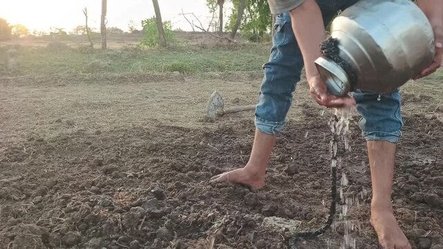 Indian boy pouring water from a traditional steel pot onto dry agricultural land in a rural field