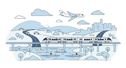 A vibrant illustration depicting various modes of transportation including a train, airplane, cars, and boats, set against a backdrop of cityscapes and natural landscapes. © Tukujajan