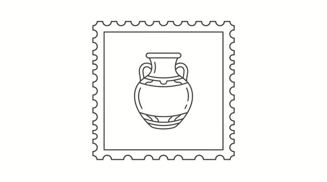 Line art drawing of an ancient Greek vase or amphora with two handles and decorative patterns, depicted within a postage stamp outline.