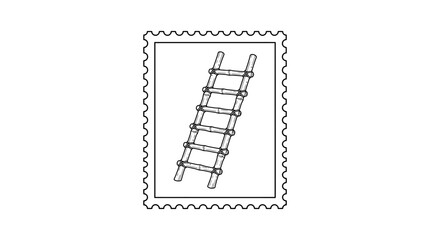 Fototapeta premium Line art illustration of a simple ladder inside a postage stamp outline, black and white vector graphic.