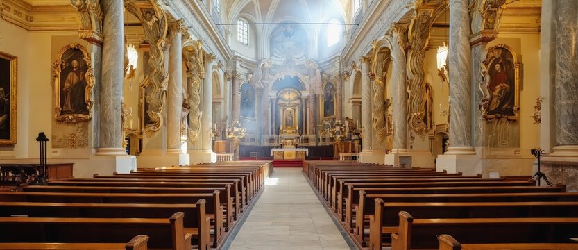 Grand interior view of an ornate historic church nave with rows of wooden pews leading towards a richly decorated altar and apse