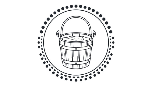 Black and white line art illustration of a rustic wooden bucket filled with water, encircled by a decorative dotted frame.