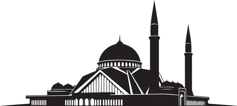 Black and white silhouette of a mosque with domes
