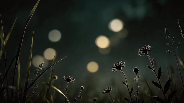 Silhouettes of wildflowers and grass at night