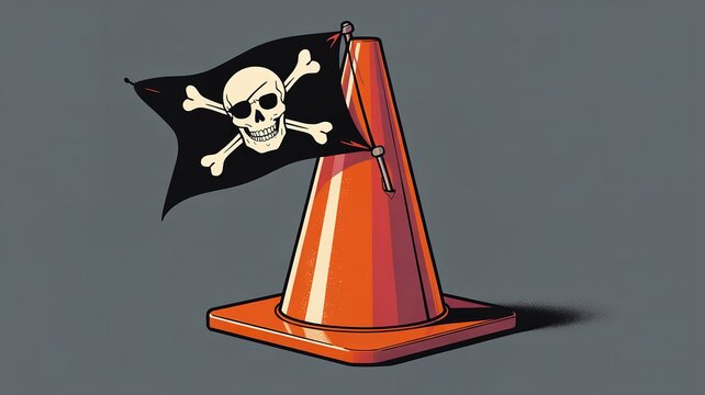 Jolly Roger flag on traffic cone, warning sign