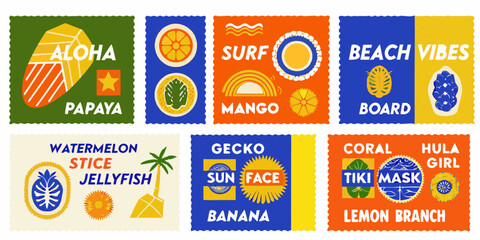 Collection of colorful retro travel stamp icons with tropical themes © AnupKumar