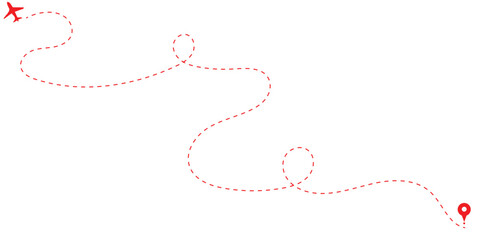 Airplane routes flight path vector with location pins. Airplane line path icon of air plane flight route with start point and dash dotted line trace.airplan line icon set with white background EPS10 © sampa