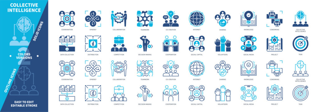 Collective Intelligence icon set. Internet, Task, Co-Creation, Project, Collaboration, Coworking, Teamwork, Distribution. Duotone color solid and editable outline icons