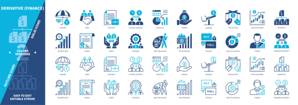 Derivative icon set. Hedging, Statistics, SEO, Options, Inflation Rate, Speculation, Futures Contract, Trader. Duotone color solid and editable outline icons
