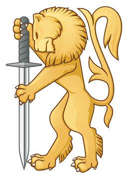 Golden Heraldic lion with silver sword. Hand drawn vintage vector illustration