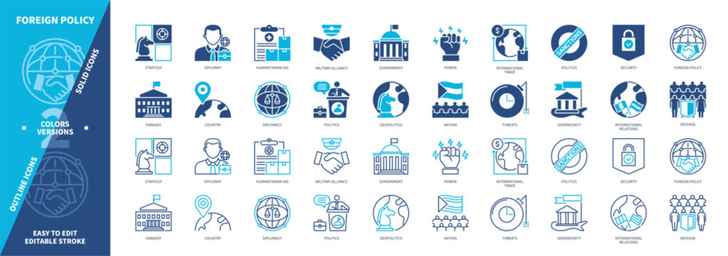 Foreign Policy icon set. Military Alliance, Power, Defense, Humanitarian Aid, Threats, Diplomat, Politics, Nation. Duotone color solid and editable outline icons