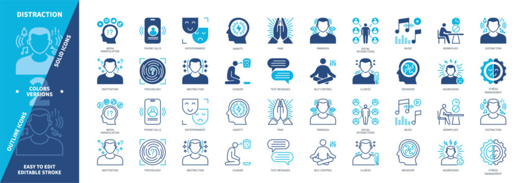 Distraction icon set. Paranoia, Aggression, Self Control, Pray, Abstraction, Inattention, Entertainment, Social Interactions. Duotone color solid and editable outline icons