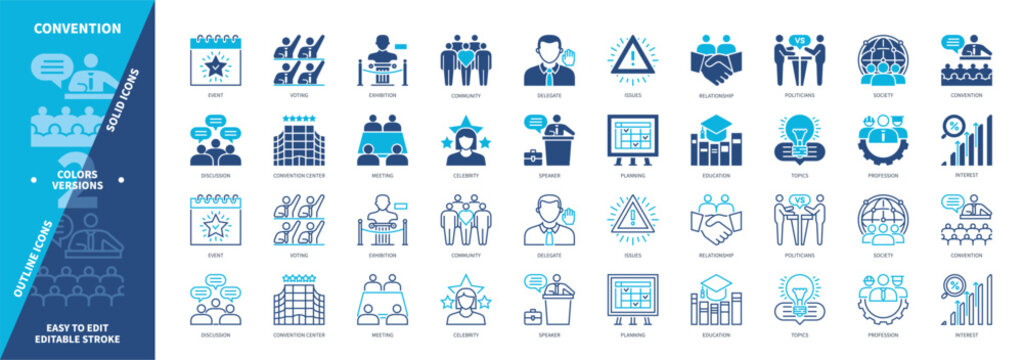 Convention icon set. Community, Exhibition, Event, Planning, Profession, Politicians, Discussion, Speaker. Duotone color solid and editable outline icons