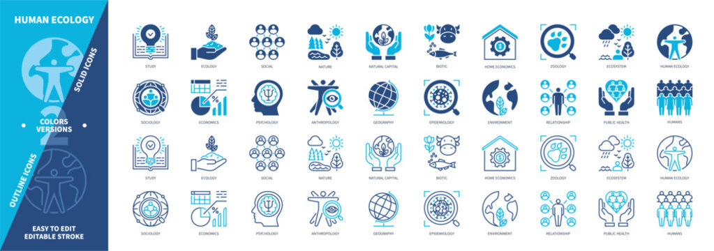 Human Ecology icon set. Zoology, Psychology, Environment, Ecosystem, Natural Capital, Nature, Biotic, Social. Duotone color solid and editable outline icons