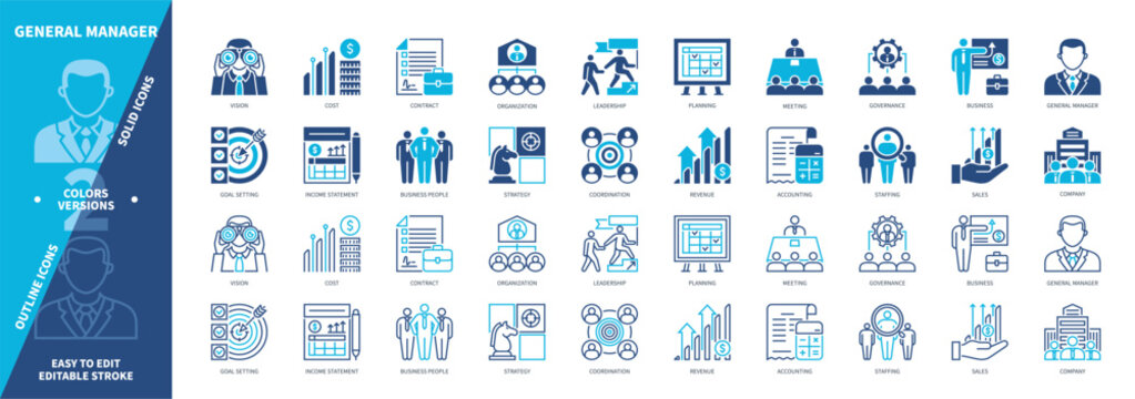General Manager icon set. Governance, Meeting, Coordination, Planning, Sales, Strategy, Revenue, Goal Setting. Duotone color solid and editable outline icons